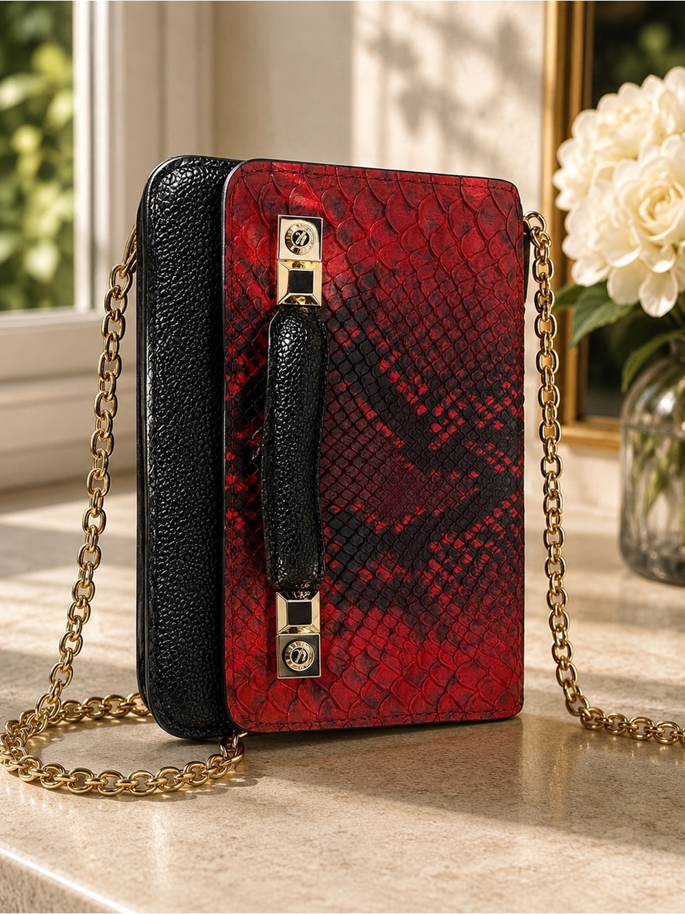 Henri Bendel Exotic Red and Black Snake-Embossed Clutch with Gold Hardware - Picture 2 of 13
